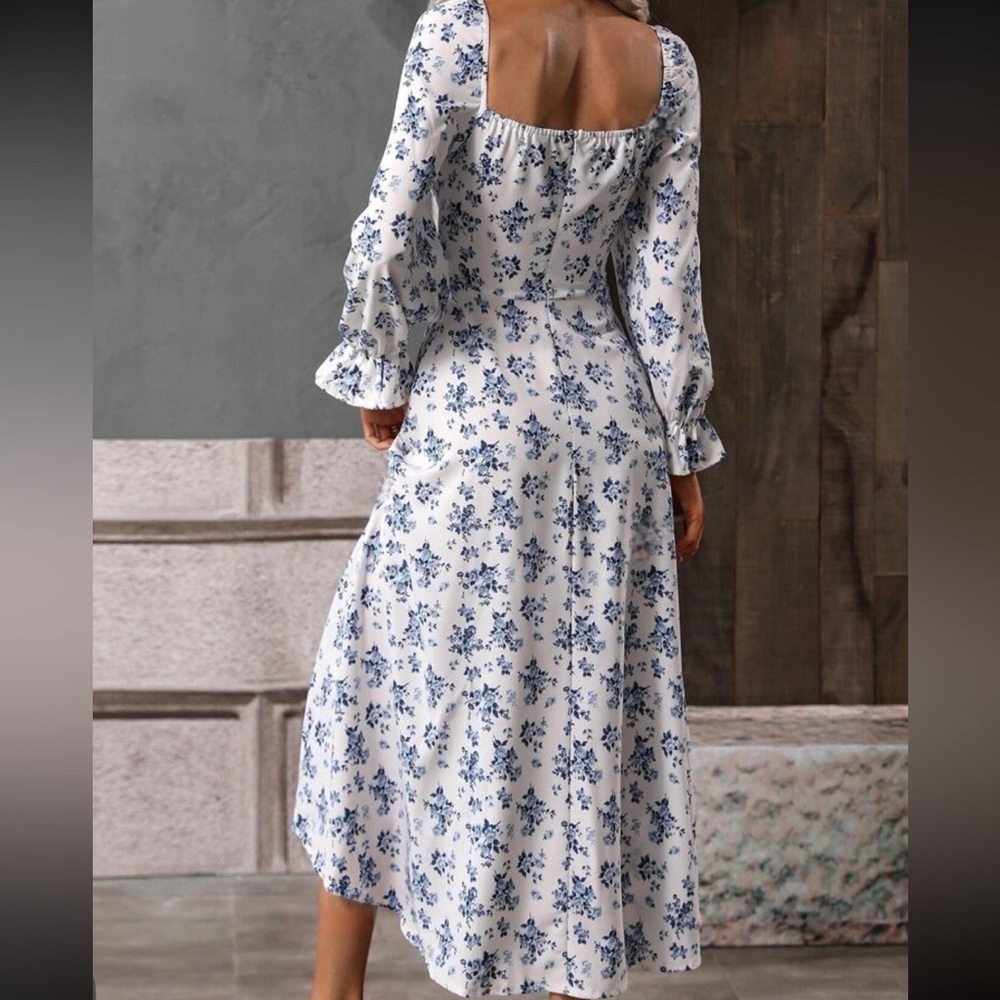 Boho floral ruffle split thigh square neck maxi dress white - Picture 3 of 8